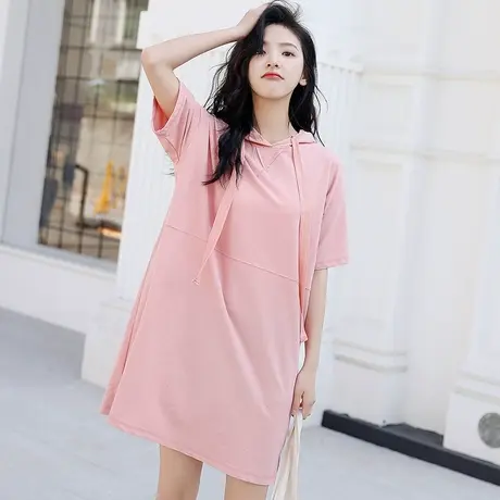 粉色连衣裙夏季女装2022新款韩版甜美可爱简约短袖连帽套头卫衣裙图片