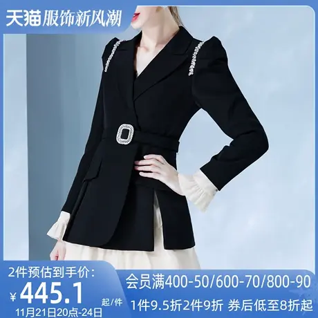 AUI黑色设计高级感西装连衣裙2024女春秋新款法式假两件拼接a字裙图片