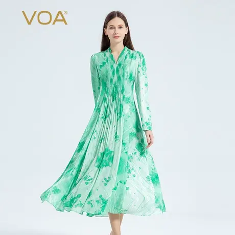VOA真丝提花印花22姆米翠绿色V领长袖风琴褶设计清新田园连衣裙秋商品大图