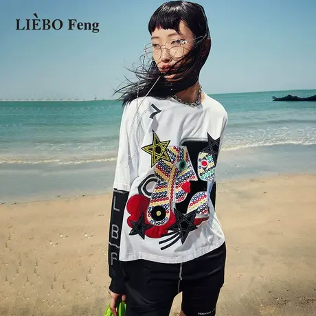 裂帛LIEBOFeng商场同款2023年国潮设计师拼接撞色假两件长袖T恤女图片