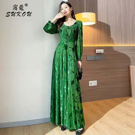 时尚气质绿色丝绒长裙2023早秋季新款高级感大摆裙到脚踝显瘦长裙图片