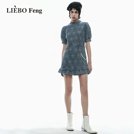 裂帛LIEBOFeng商场同款2023年夏设计师泡泡袖珍珠链条牛仔连衣裙图片