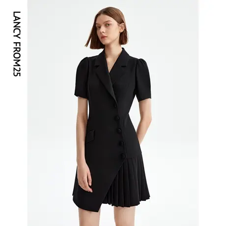 朗姿法式高级感泡泡袖西装连衣裙2023年夏季新款显瘦修身小黑裙女商品大图