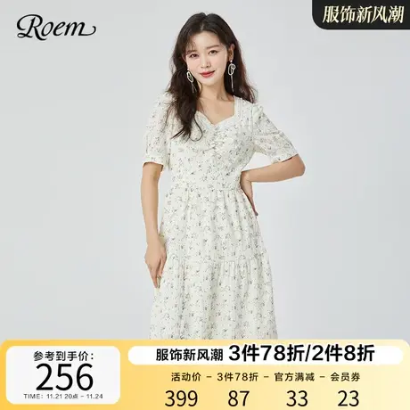 Roem商场同款春夏新品法式泡泡袖复古雪纺印花短袖圆领连衣裙图片