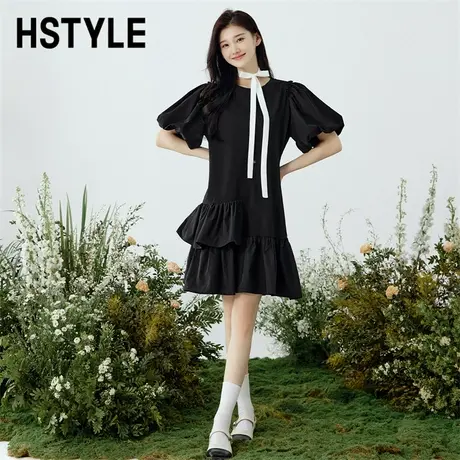 韩都衣舍2024年夏新款设计感小黑裙气质显瘦遮肉法式连衣裙图片
