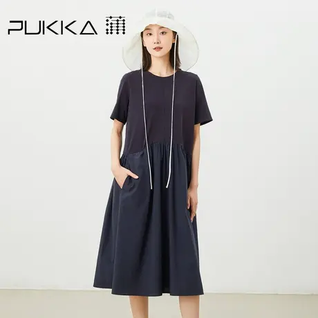 蒲PUKKA 拼接针织连衣裙女2023年春夏新品宽松圆领短袖休闲裙子图片