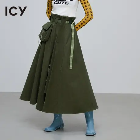 icy新款时尚个性织带收腰可拆卸口袋不规则中长款半裙图片