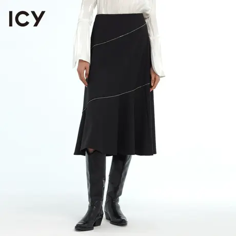 icy原创春季新款设计感小众气质黑色荷叶边鱼尾裙中长款半身裙女图片