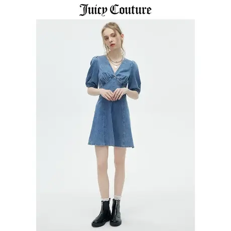 Juicy Couture橘滋连衣裙女2023夏季新款复古A版V领牛仔短袖裙子图片
