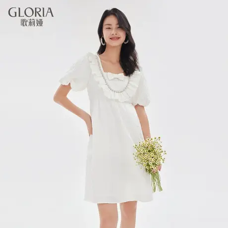 歌莉娅白色连衣裙女秋季新款高级感提花钻饰泡泡袖裙子1A7R4K760图片