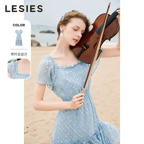 LESIES蓝色倾情夏装新款女装蓝色碎花荷叶边短袖雪纺温柔风连衣裙商品大图