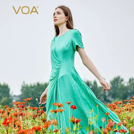 VOA真丝20姆米暗纹提花春绿圆领不对称设计撞料乔其偏搭巾大摆裙图片