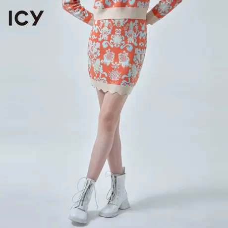 icy女装设计时尚气质针织短裙女提花图案气质花瓣裙边半身裙图片