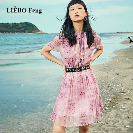 裂帛LIEBOFeng夏季法式复古印花显瘦粉色裙子雪纺蕾丝短袖连衣裙图片