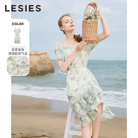 LESIES蓝色倾情春夏新款法式印花系带雪纺连衣裙温柔风气质裙图片