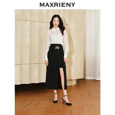 MAXRIENY精致复古感高腰开衩铅笔直身半裙2024春季新品半身裙子图片