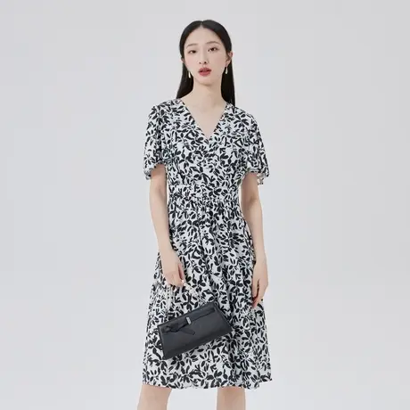 艾莱依商场同款V领裙子质感高级感 夏季碎花黑色连衣裙2023女新款商品大图