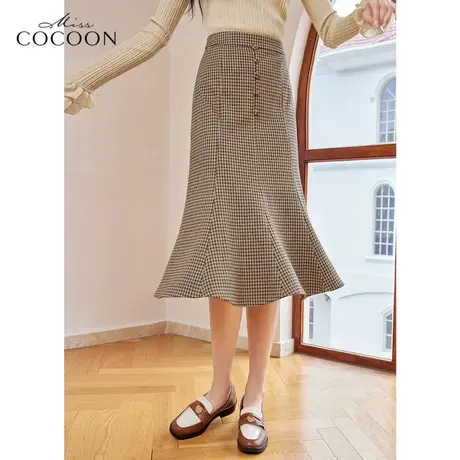 missCOCOON格子半身裙女2023新款春秋复古高腰显瘦中长款鱼尾裙子图片