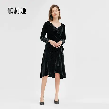 歌莉娅丝绒连衣裙女秋季新款设计感气质通勤长袖小黑裙124R4K46C商品大图