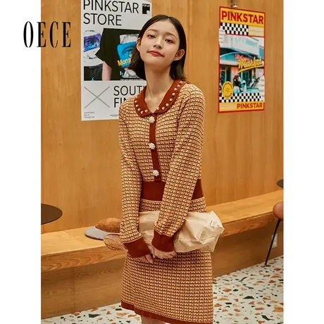 【买1送1】Oece高级感针织连衣裙女春秋女装复古气质香风裙子图片