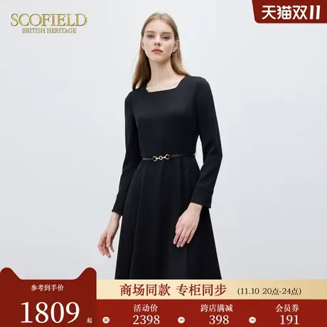 Scofield女装浪漫知性方领连衣裙时尚收腰小黑裙2024春季新款图片