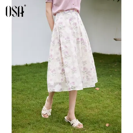 OSA欧莎紫色雪纺印花a字半身裙女夏季2023年新款法式高腰显瘦裙子图片