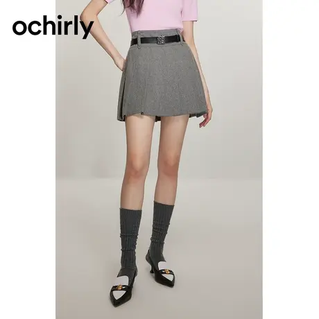 ochirly&Blythe小布系列 羊毛呢排褶半身裙2024新款早春短裙腰带图片