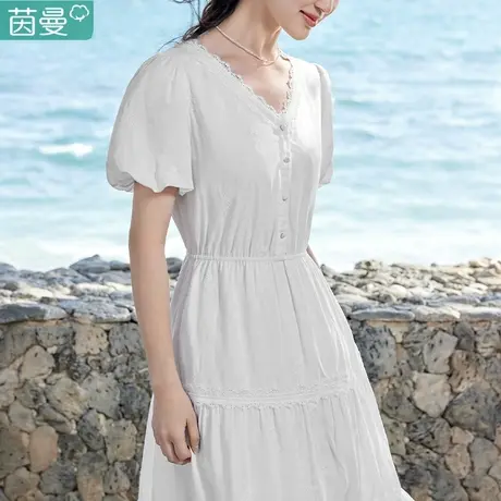 茵曼官方旗舰店亚麻短袖连衣裙子女2024夏季新款白色公主长裙法式图片