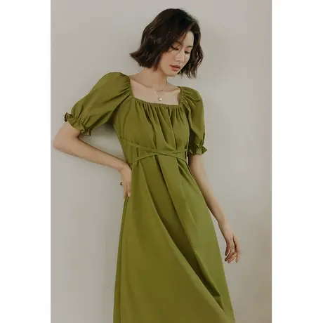 弥古复古绿色茶歇法式显瘦连衣裙高级感方领裙子收腰女夏雪纺长裙图片