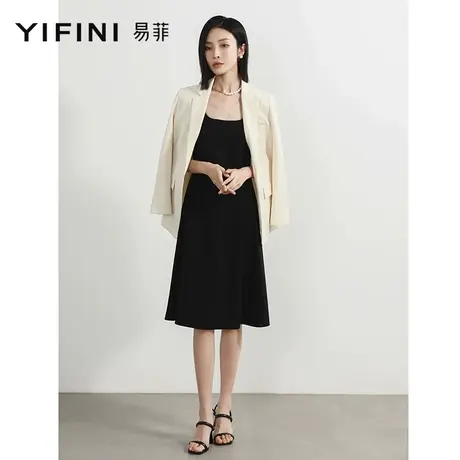 Yifini/易菲黑色背带无袖复古简约中长款连衣裙女2023夏季新款图片