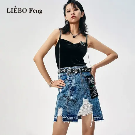 裂帛LIEBOFeng原创设计2023年夏季不规则A字流苏短裙牛仔半身裙女图片