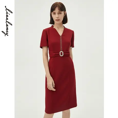 朗姿法式轻奢气质优雅中长款红色连衣裙女商场同款奥莱新战袍礼服图片