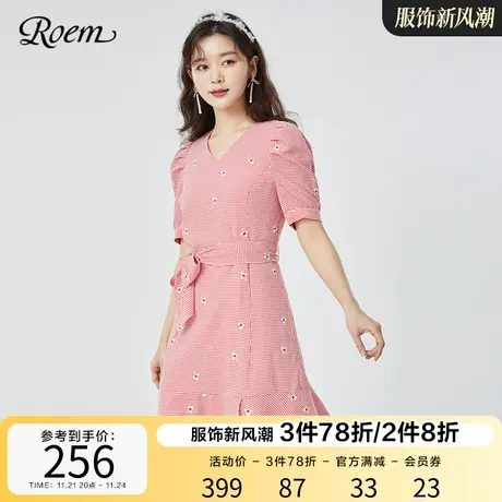 Roem商场同款春夏新品泡泡袖v领收腰显瘦甜美复古短袖连衣裙图片