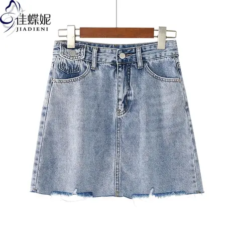 夏季新款破边蓝色做旧韩版自带打底裤牛仔短裙女下装半身裙商品大图