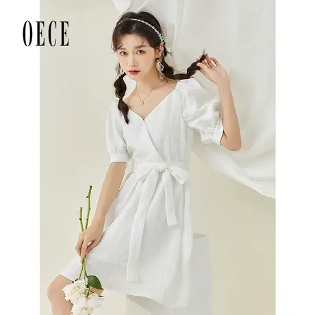 Oece甜美白色裙子2023春夏装新款女法式气质收腰连衣裙图片