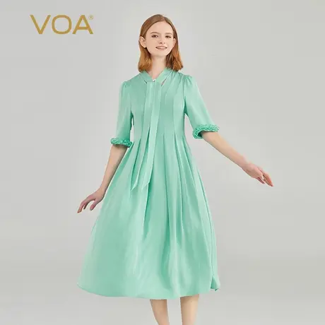 VOA40姆米双面乔重磅厚桑蚕丝木耳边五分袖糖果绿清新真丝连衣裙商品大图