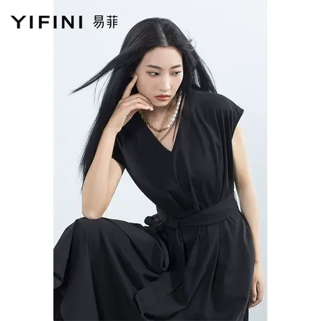 Yifini/易菲薄款高腰显瘦气质V领短袖连衣裙女2023夏季新款收腰图片