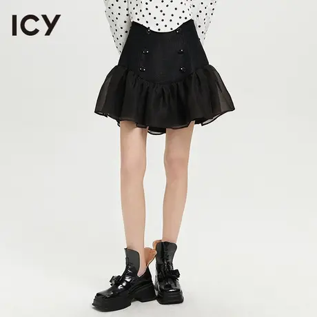 icy2023春季新款复古甜美法式排扣欧根纱拼接小A字半身裙女图片