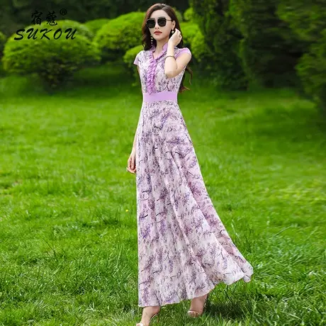 时尚紫色V领花边拼接雪纺连衣裙2023新款显瘦气质长裙遮肚子减龄图片