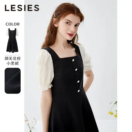 LESIES蓝色倾情春夏装新款女装方领泡泡袖甜美小黑裙显瘦连衣裙图片