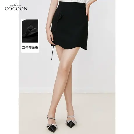 miss COCOON黑色半身裙女2023新款夏季高腰显瘦花边设计感a字短裙图片
