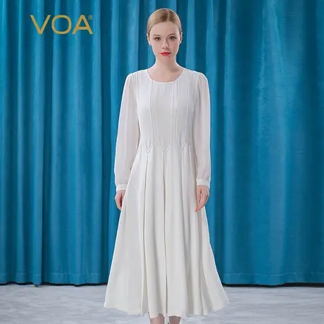 VOA30姆重磅真丝奶白色圆领撞料拼接育克褶长袖文艺桑蚕丝连衣裙图片