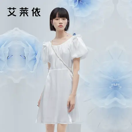 艾莱依法式泡泡袖连衣裙女装2022夏装新款高级感收腰甜美白色裙子商品大图