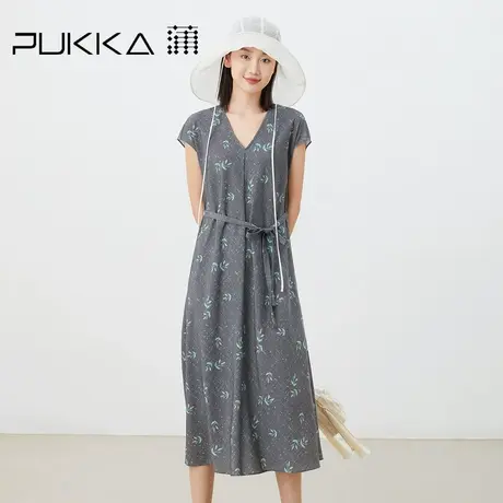 蒲PUKKA 2023夏季新品法式复古V领显瘦连肩小飞袖A字印花连衣裙图片