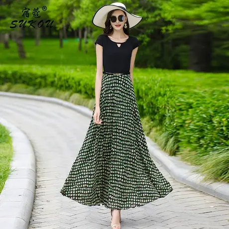 时尚黑色波点拼接假两件连衣裙2023夏季新款女装短袖高端精致长裙图片
