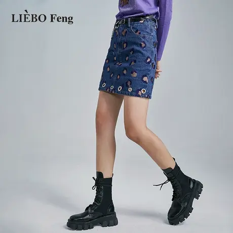 裂帛LIEBOFeng原创设计2023年秋季新品豹纹A字显瘦水洗牛仔半身裙图片
