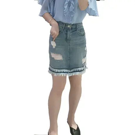 季候风夏季短裙高腰毛边磨破短款蓝色纯棉牛仔裙半身裙8291EH834图片