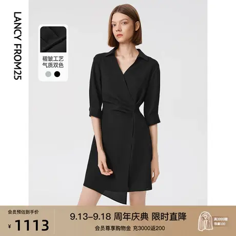 朗姿衬衫裙2023年新款春装气质收腰显瘦黑色高级感POLO抽褶连衣裙图片