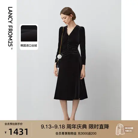 朗姿法式通勤气质显瘦长袖连衣裙女2023年冬季新款复古丝绒小黑裙图片
