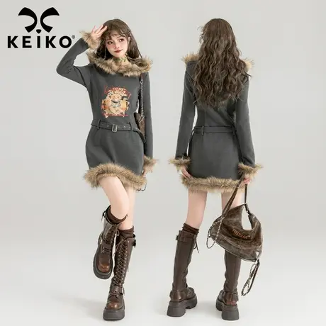 KEIKO 美式复古毛领连衣裙2024春季个性毛绒饰酷感辣妹加绒包臀裙图片